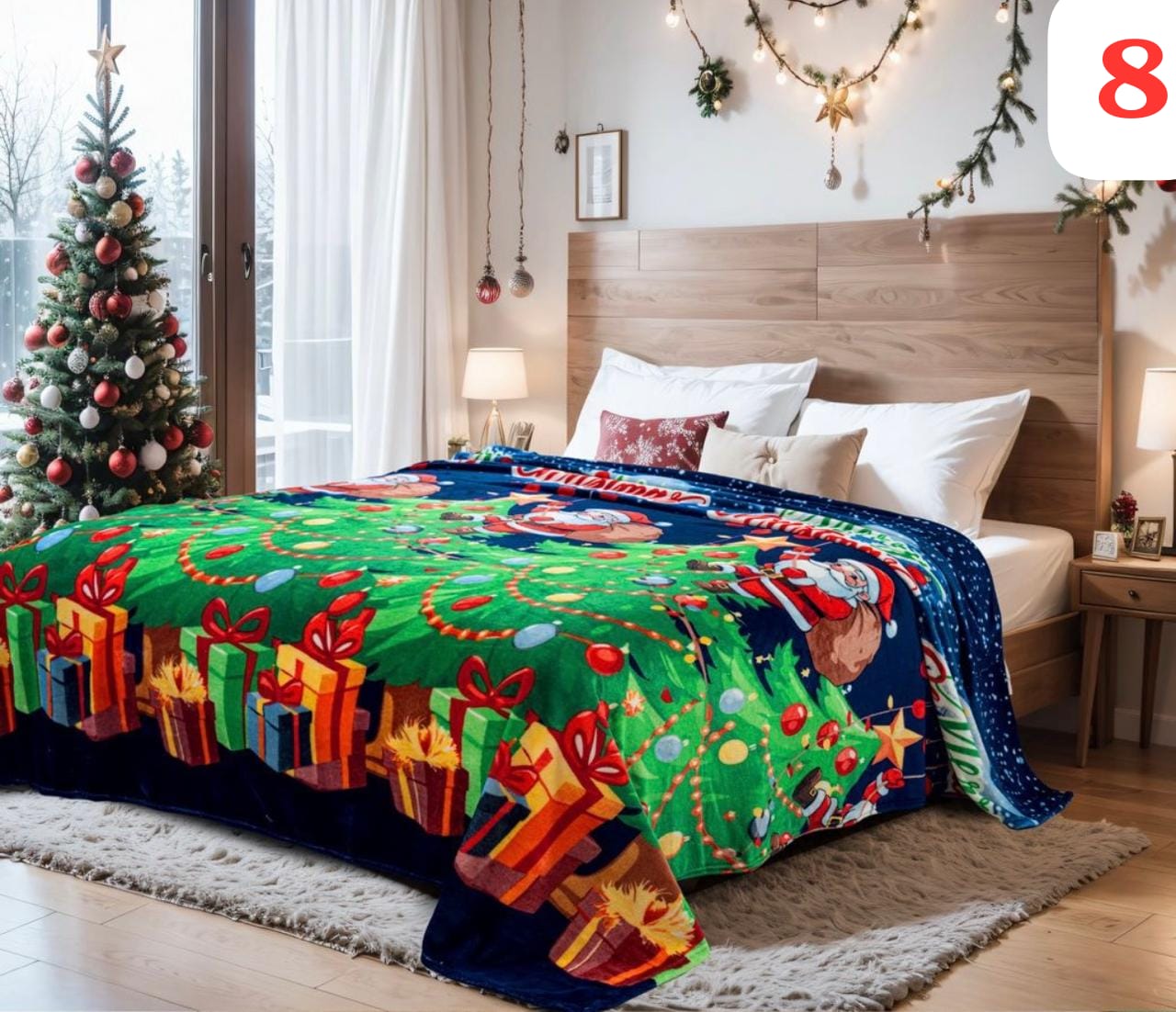 Cobija navideña decorativa con estampado de árbol de Navidad, regalos y Santa Claus en cama, tamaño Queen.