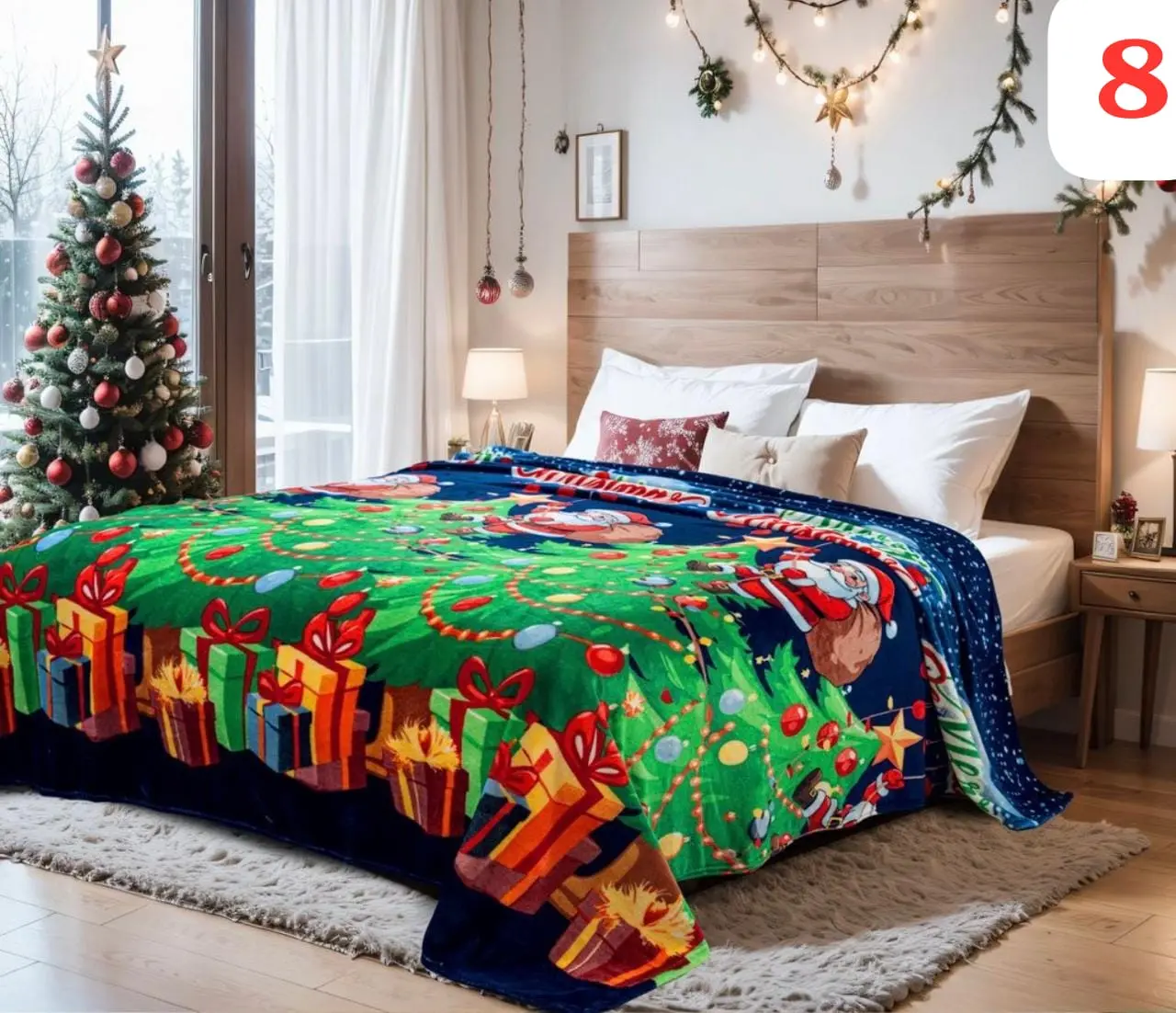 Cobija navideña decorativa con estampado de árbol de Navidad, regalos y Santa Claus en cama, tamaño Queen.