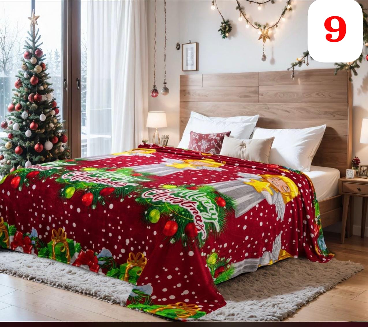 Cobija navideña roja con ángeles, adornos y regalos, ideal para cama.