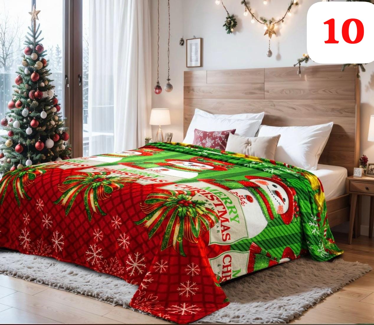 Cobija navideña decorativa roja y verde con muñecos de nieve y copos de nieve, ideal para cama.