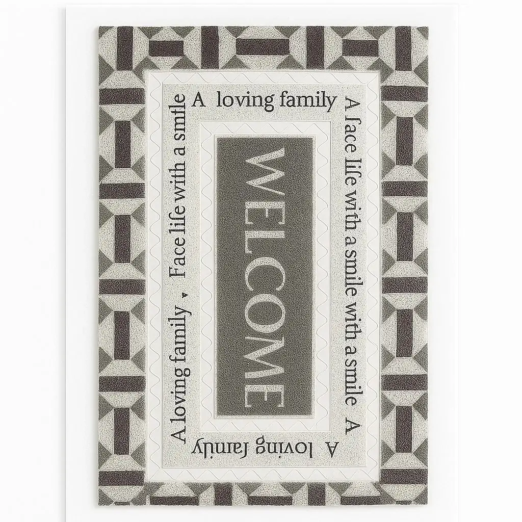 Tapete de bienvenida PVC gris con diseño geométrico y texto "WELCOME" y "A loving family face life with a smile".