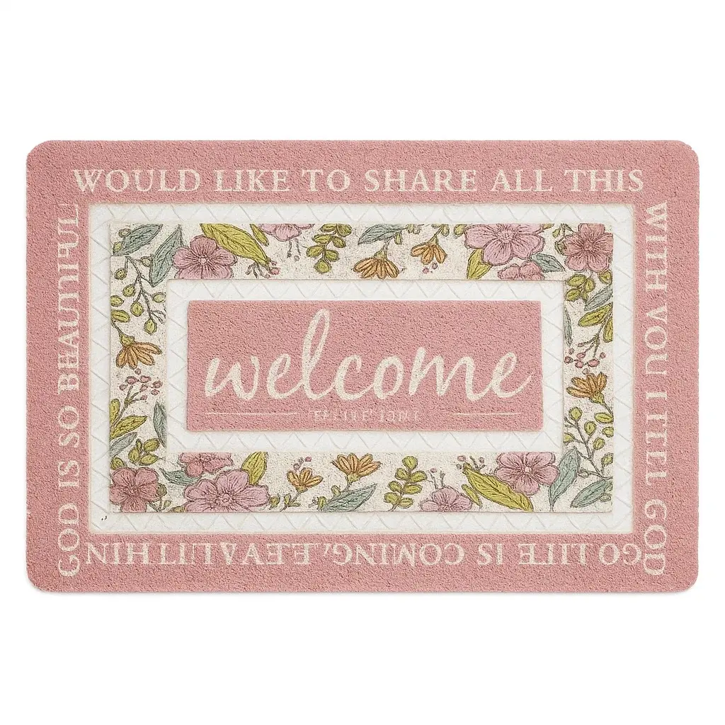 Tapete de bienvenida rosa con flores, texto "welcome" y frases inspiradoras. PVC antideslizante.