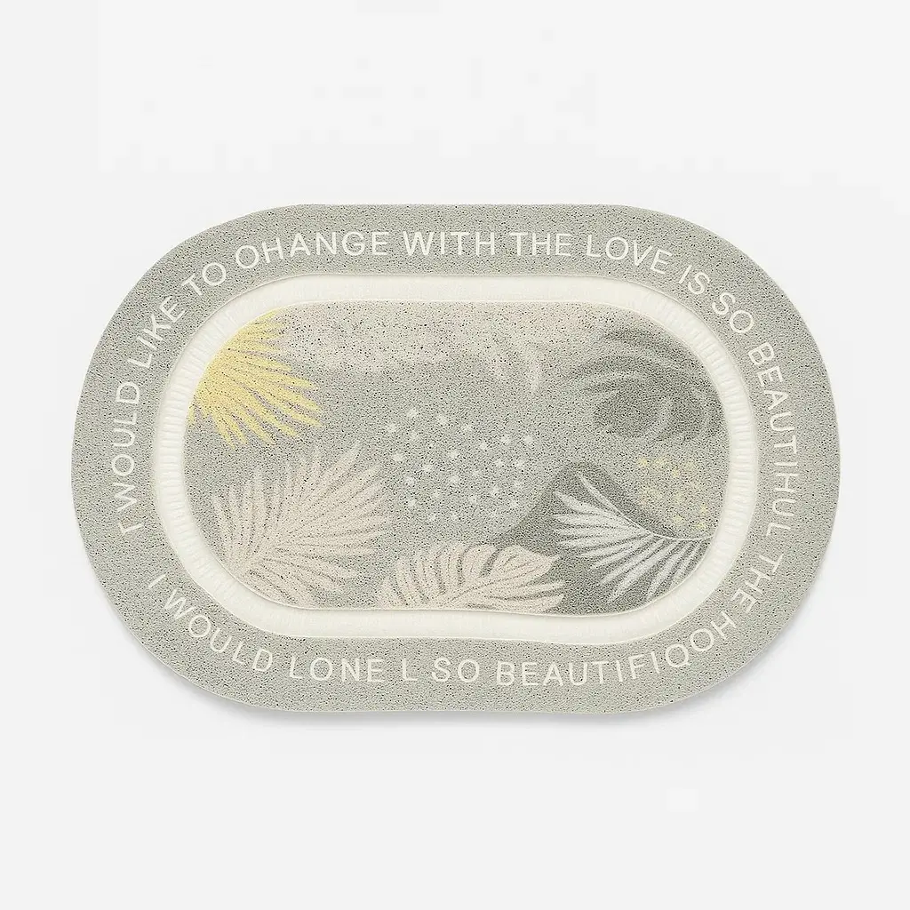 Tapete ovalado gris con diseño de hojas tropicales y texto "I WOULD LIKE TO CHANGE WITH THE LOVE IS SO BEAUTIFUL THE HOOH"