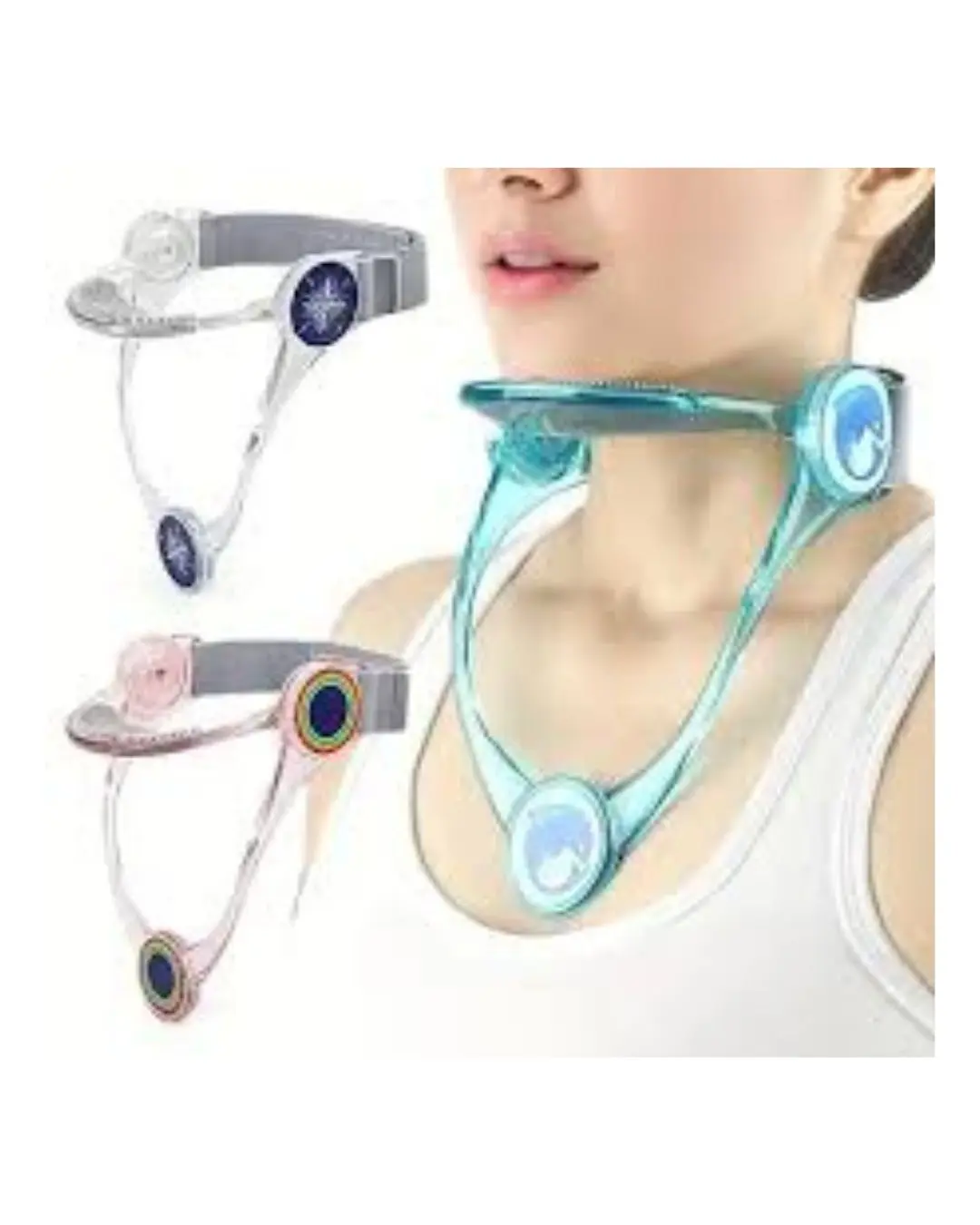 Corrector de postura para cuello en colores blanco, azul y rosa, diseñado para aliviar la tensión cervical.