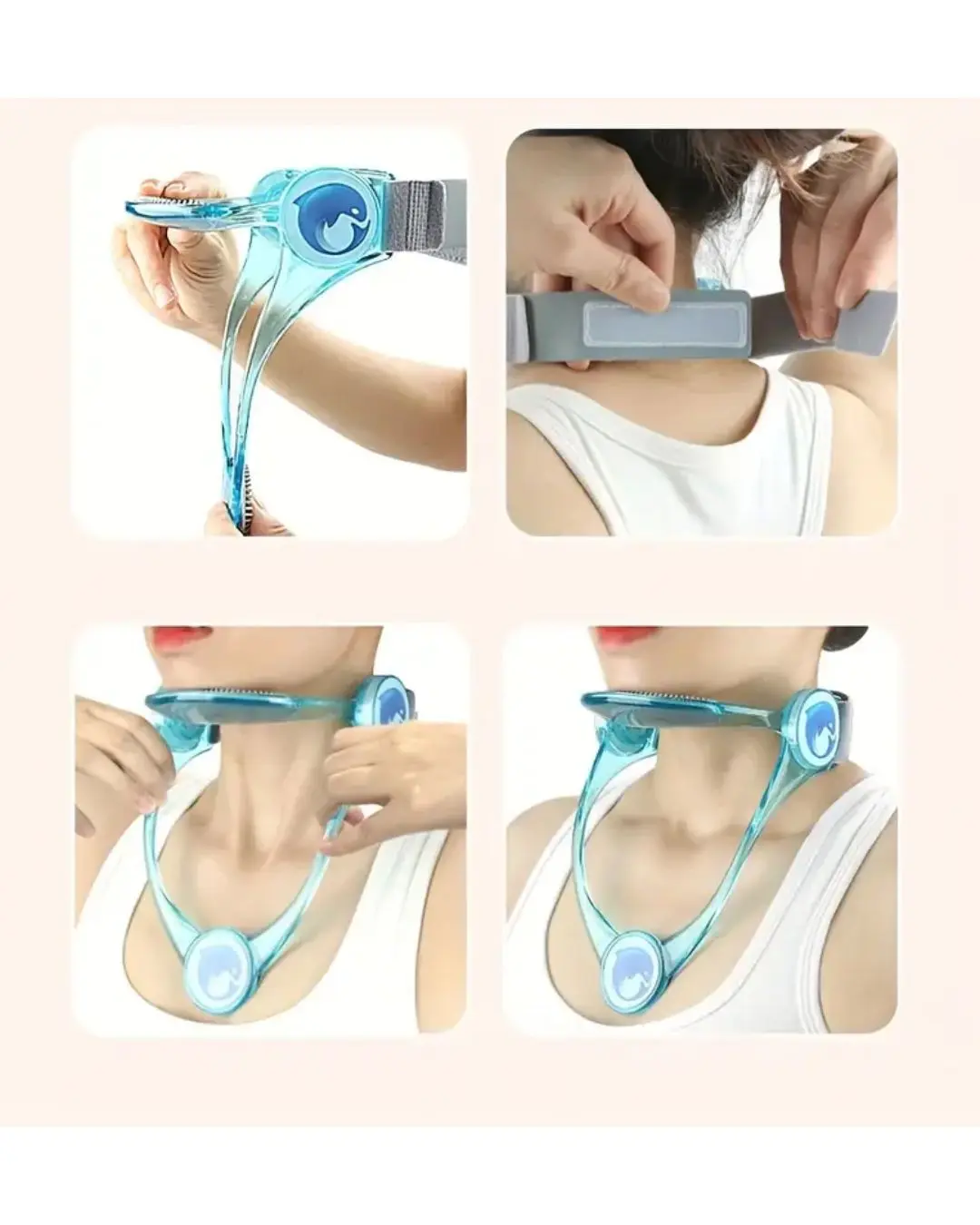 Corrector de posición de cuello azul transparente, ajustable, diseñado para aliviar tensión cervical.