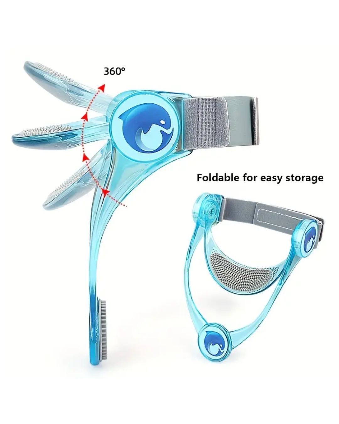 Corrector de postura para cuello azul transparente, plegable para fácil almacenamiento, con logo de delfín y ajuste de 360°.
