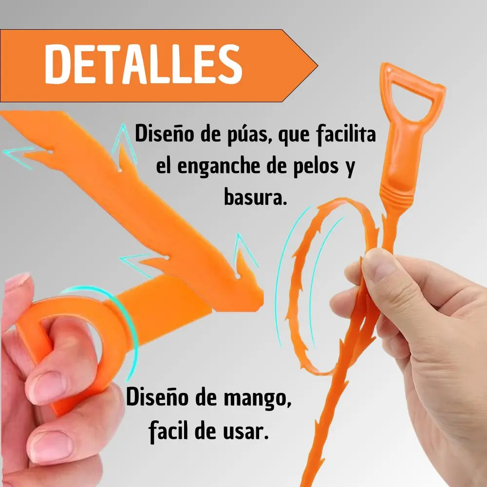 Sonda destapa cañerías naranja flexible con púas y mango ergonómico para atrapar pelos y basura.