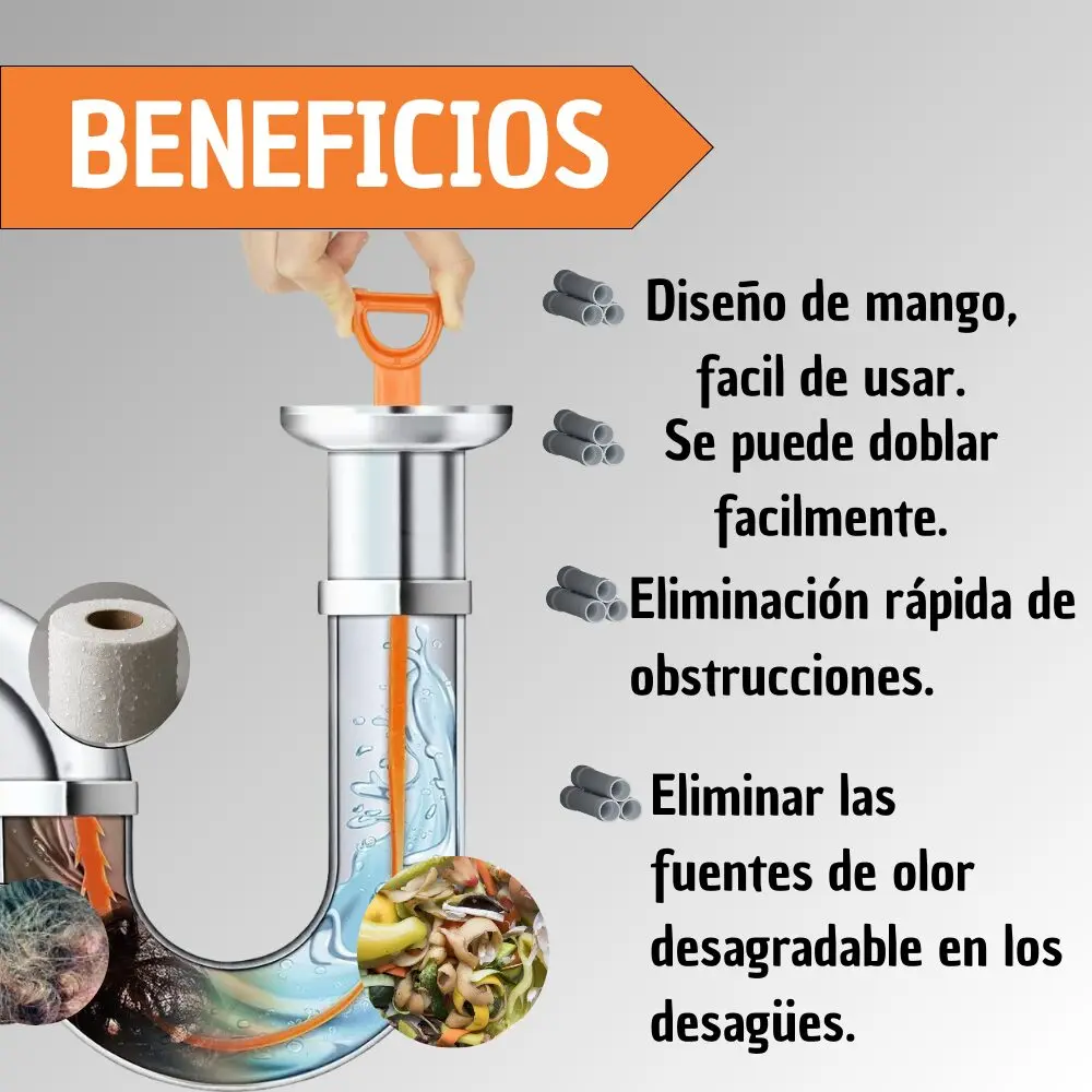 Sonda destapa cañerías flexible con mango ergonómico naranja para eliminar obstrucciones y olores en sifones.
