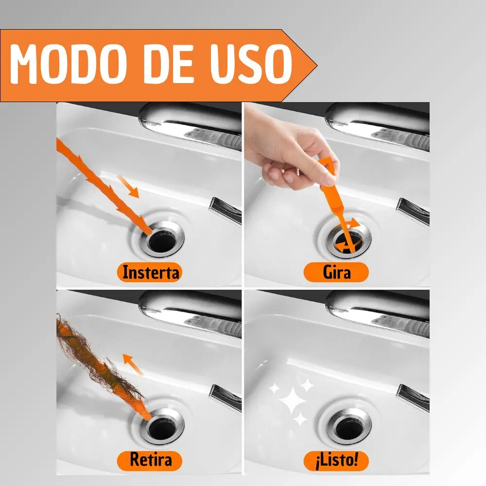 Sonda naranja para destapar sifones, se inserta, gira, retira cabello y deja el desagüe limpio.