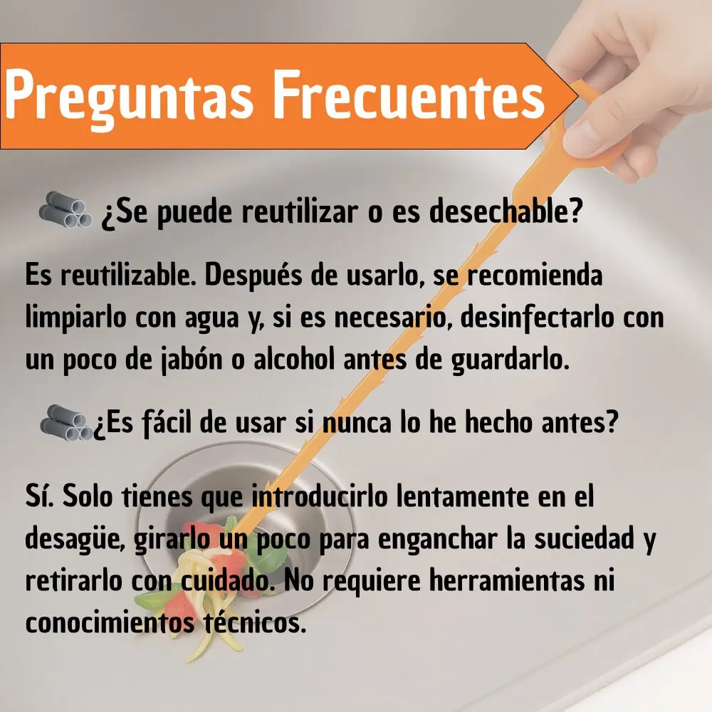 Sonda destapa cañerías naranja para sifones, reutilizable y fácil de usar.