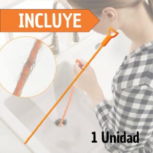 Sonda destapa cañerías naranja con púas para sifones, mostrando acumulación de cabello y 1 unidad.