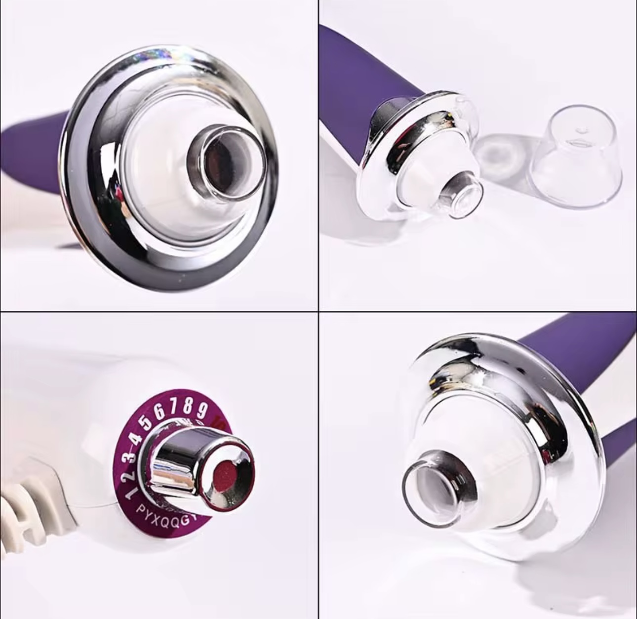 Derma Wand Pro: masajeador facial con control de intensidad numerado y boquilla aplicadora.