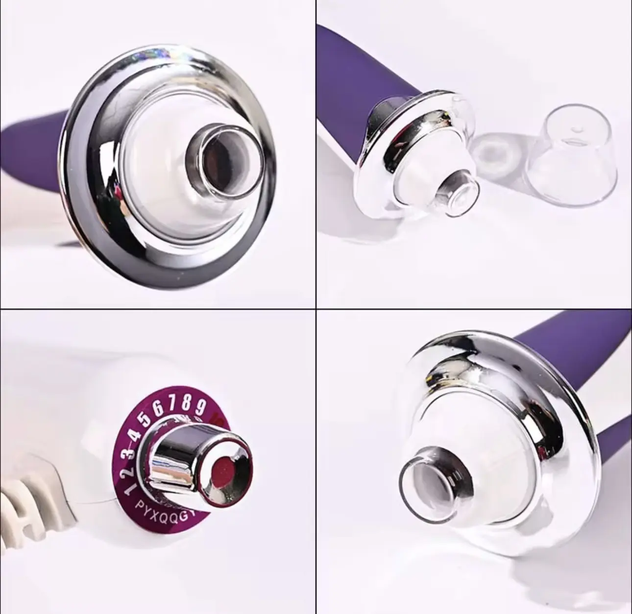 Derma Wand Pro: masajeador facial con control de intensidad numerado y boquilla aplicadora.
