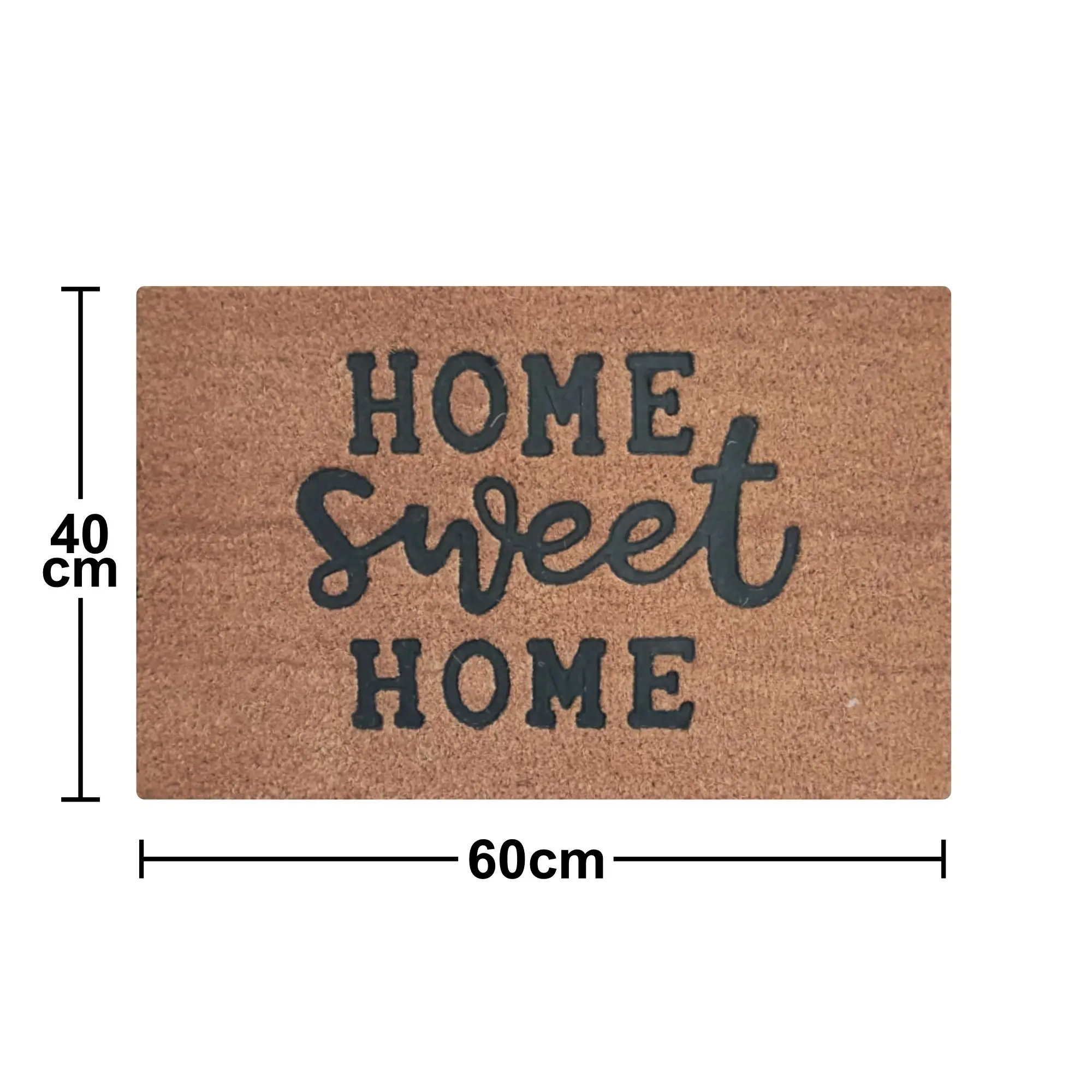 Tapete de entrada de coco natural de 60x40 cm con la frase HOME sweet HOME en letras negras. Mide 40 cm de alto y 60 cm de ancho.