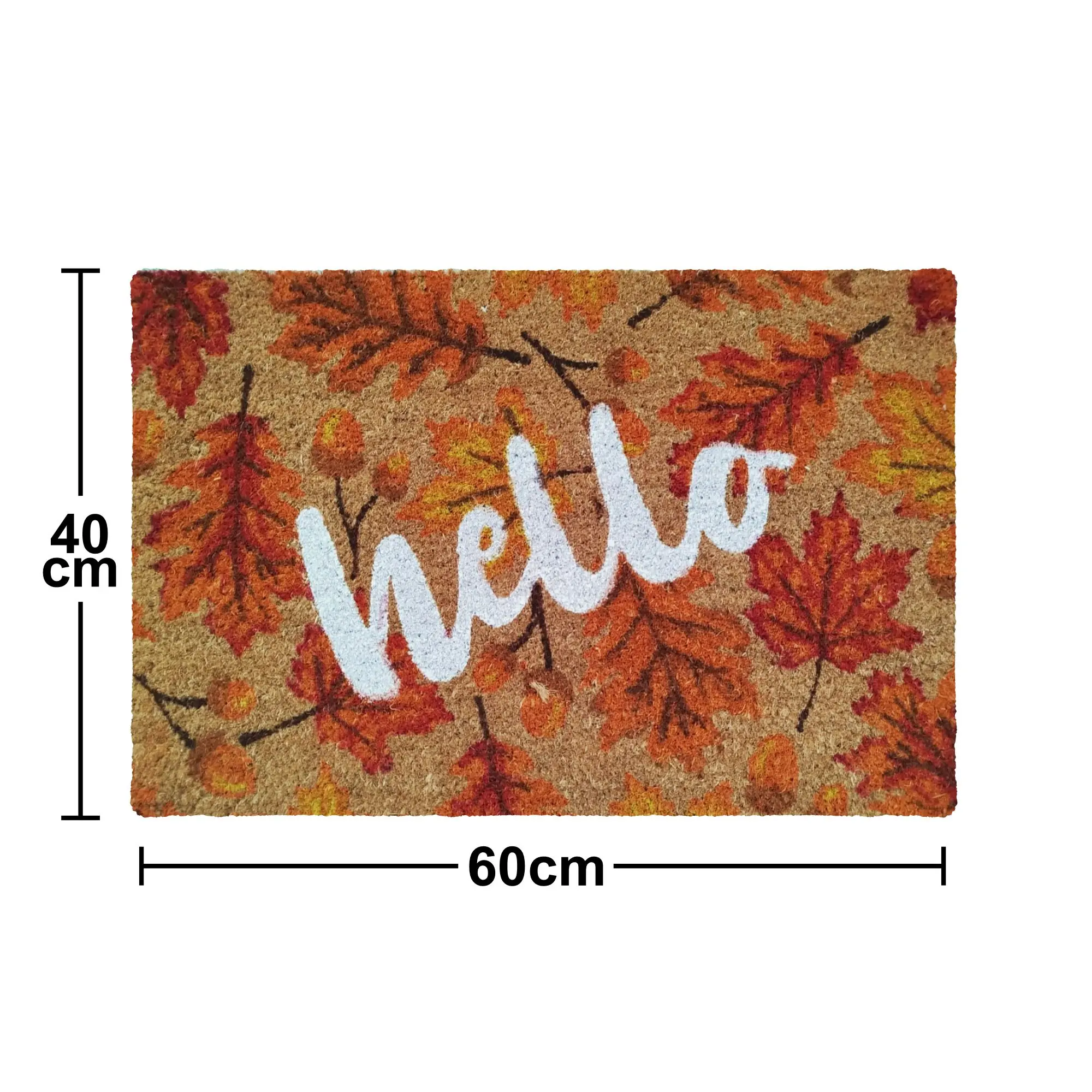 Tapete de entrada de coco natural de 60x40 cm con estampado de hojas de otoño en tonos cálidos y la palabra hello en letras blancas cursivas sobre fondo marrón.