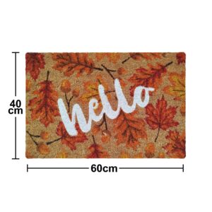 Tapete de coco natural de 60x40 cm con diseño de hojas de otoño en tonos cálidos y la palabra hello en letras blancas cursivas.