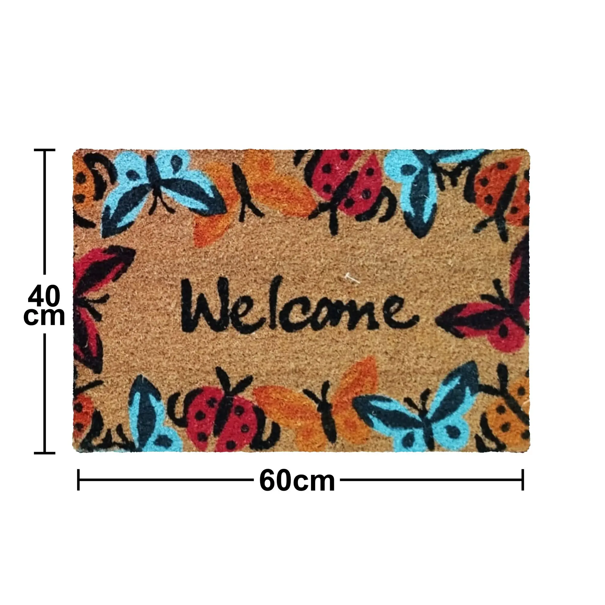 Tapete de coco de 60x40 cm con diseño de mariposas y mariquitas multicolor en el borde y la palabra Welcome escrita en el centro.
