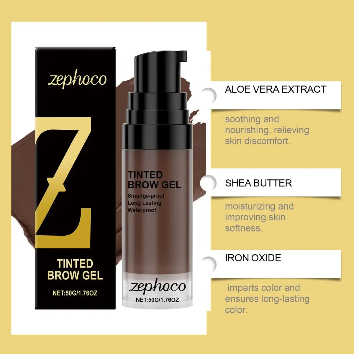 Zephoco Tinte para Cejas Marrón Oscuro, larga duración, a prueba de agua y manchas. 50g.