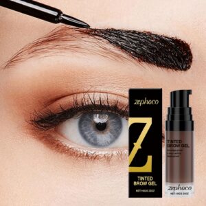 Tinte de cejas café Zephoco aplicándose en cejas oscuras, con envase y aplicador.