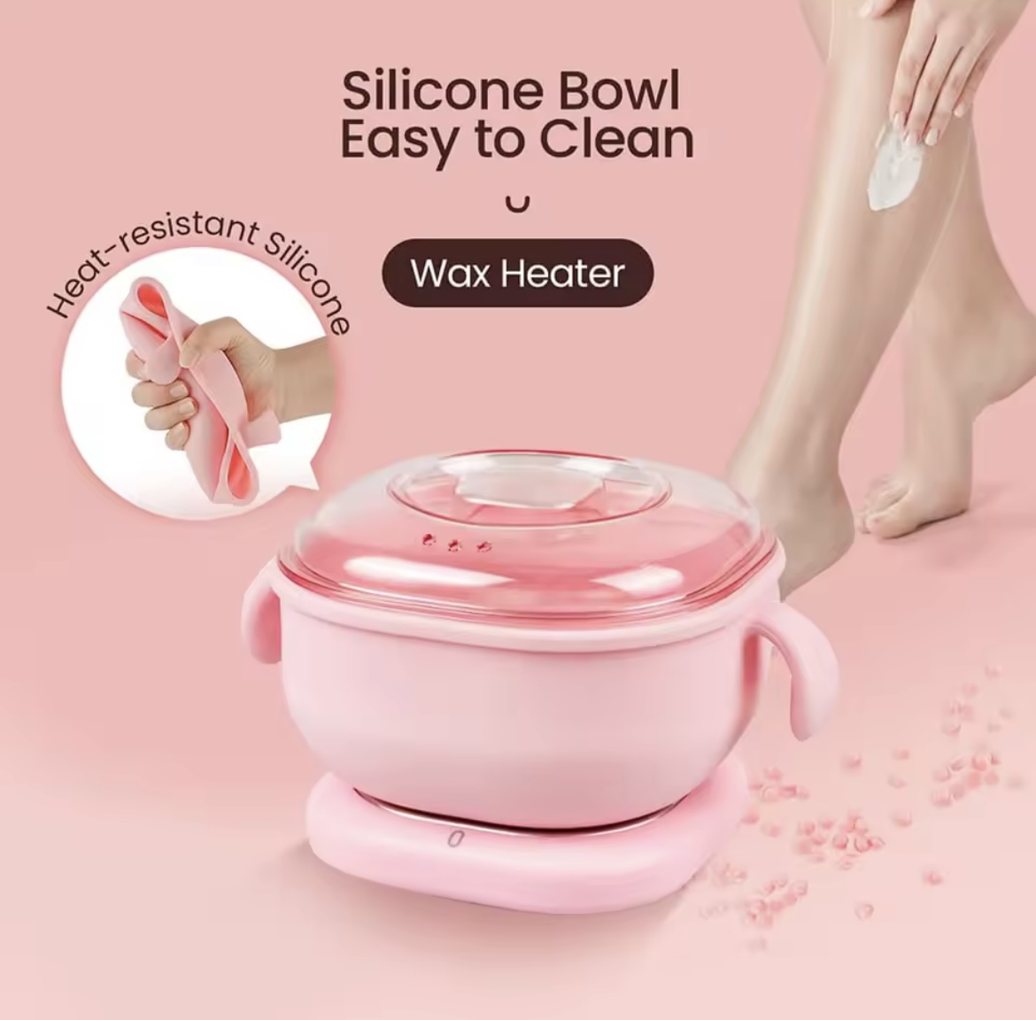 Olla calentadora de cera depilatoria rosada, con tazón de silicona plegable y resistente al calor.