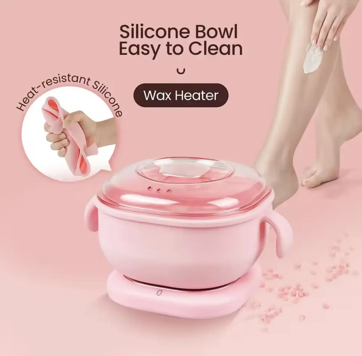 Olla calentadora de cera depilatoria rosada, con tazón de silicona plegable y resistente al calor.