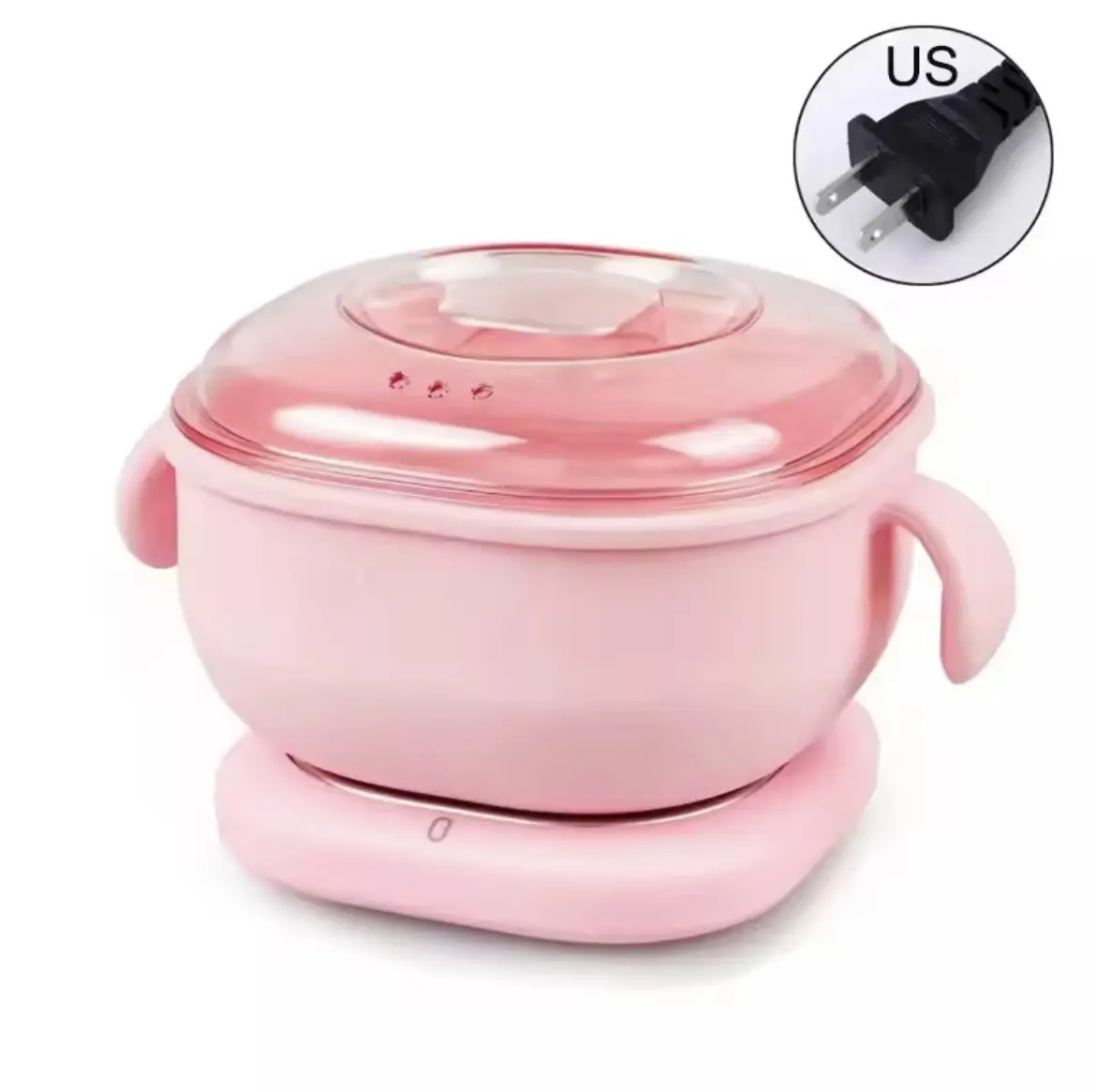 Olla calentadora de cera depilatoria rosa plegable con base y tapa transparente, con enchufe US visible.