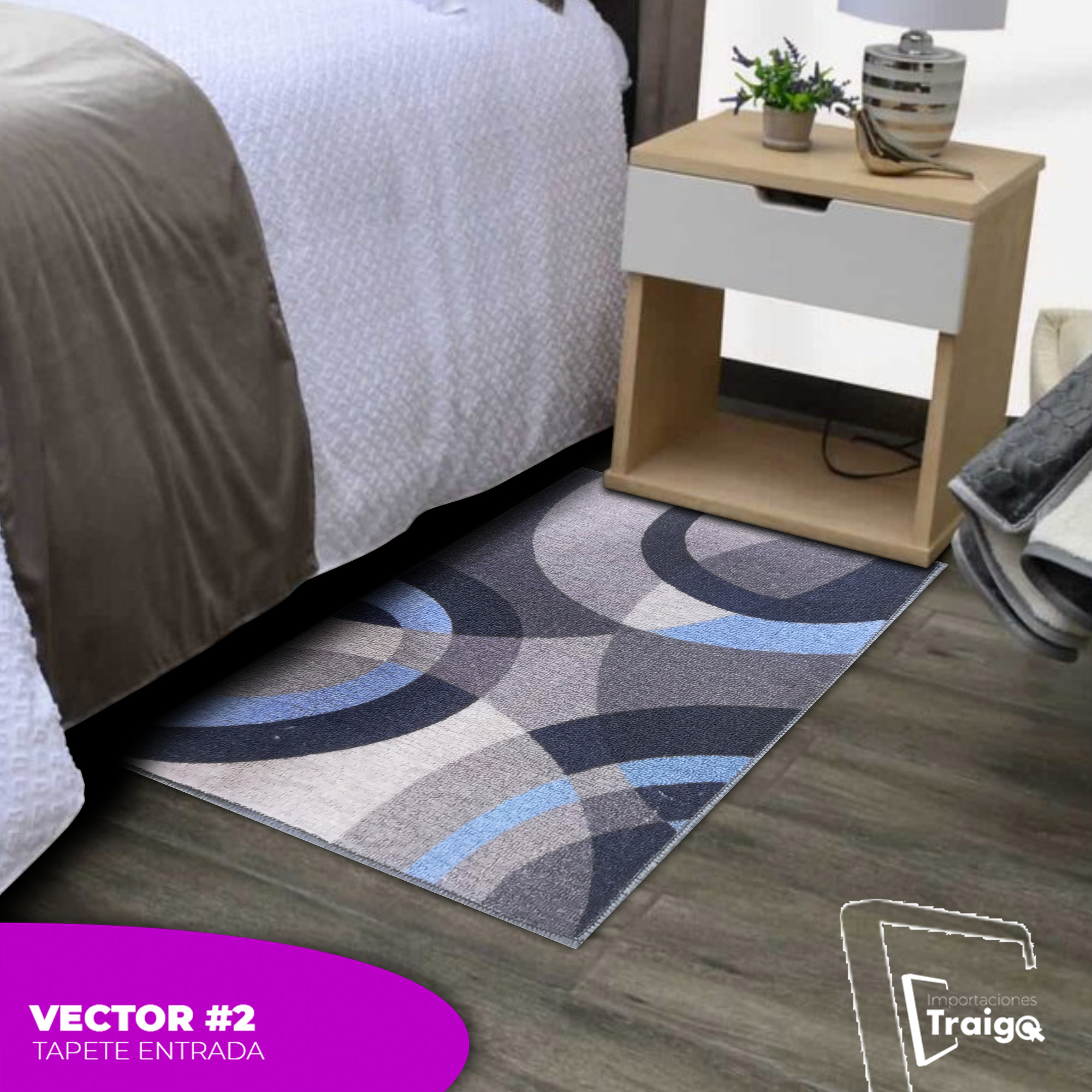 Tapete de entrada gris y azul con diseño geométrico moderno al lado de cama y mesa de noche.