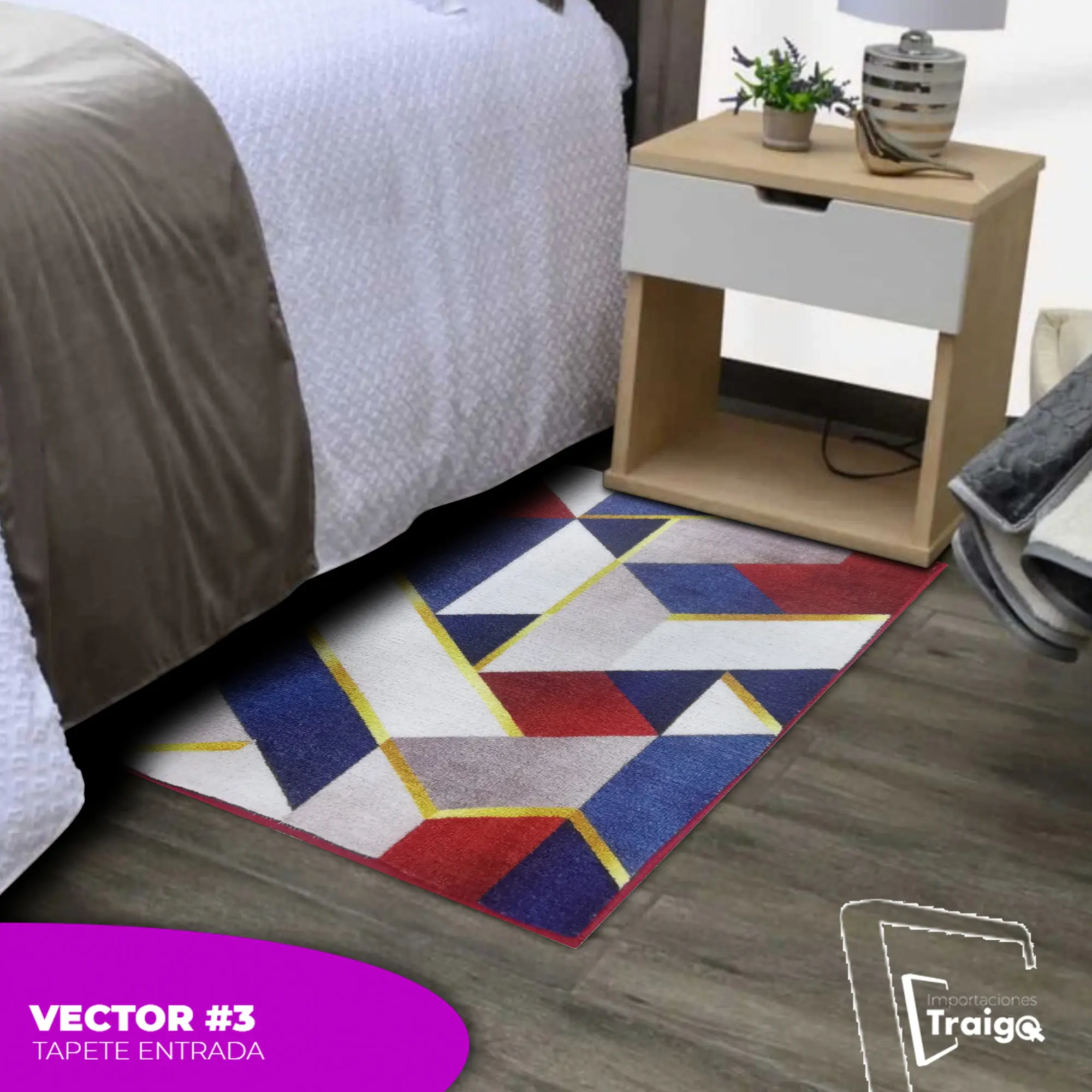 Tapete de entrada geométrico multicolor con diseño moderno, perfecto para recibidores.
