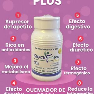 Frasco de Redumex Plus, suplemento para control de apetito y quema de grasa, con 60 cápsulas.