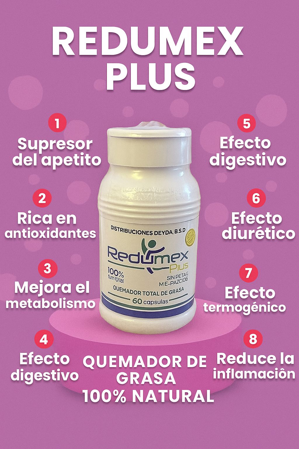 Frasco de Redumex Plus, suplemento para control de apetito y quema de grasa, con 60 cápsulas.