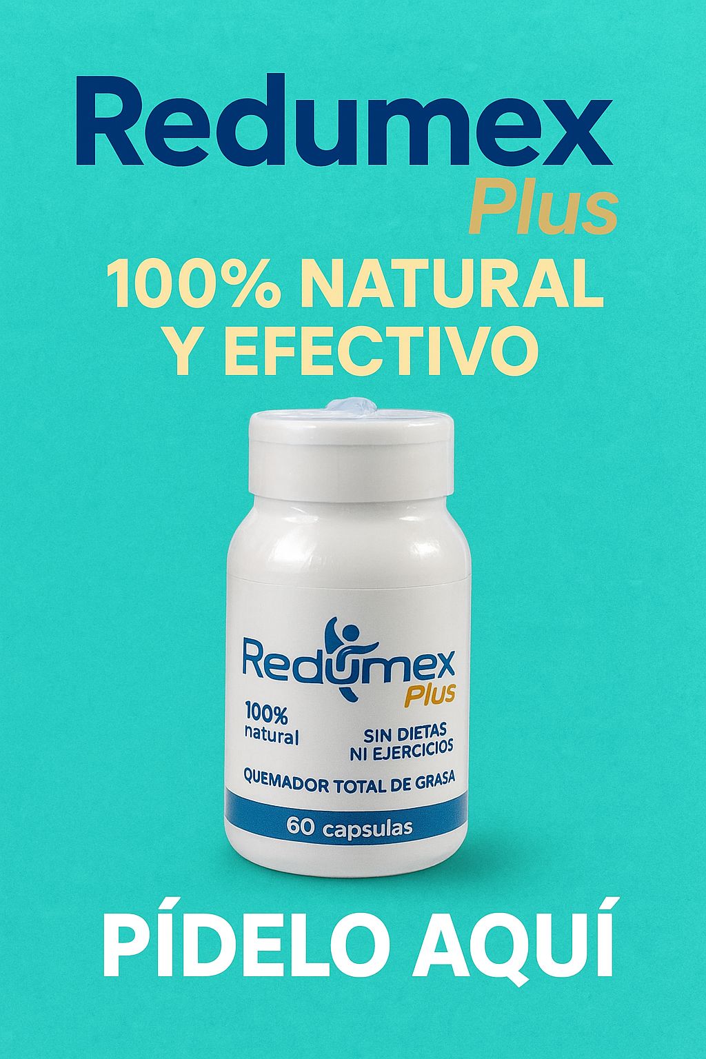 Suplemento Redumex Plus en frasco blanco con 60 cápsulas, 100% natural, quemador de grasa.