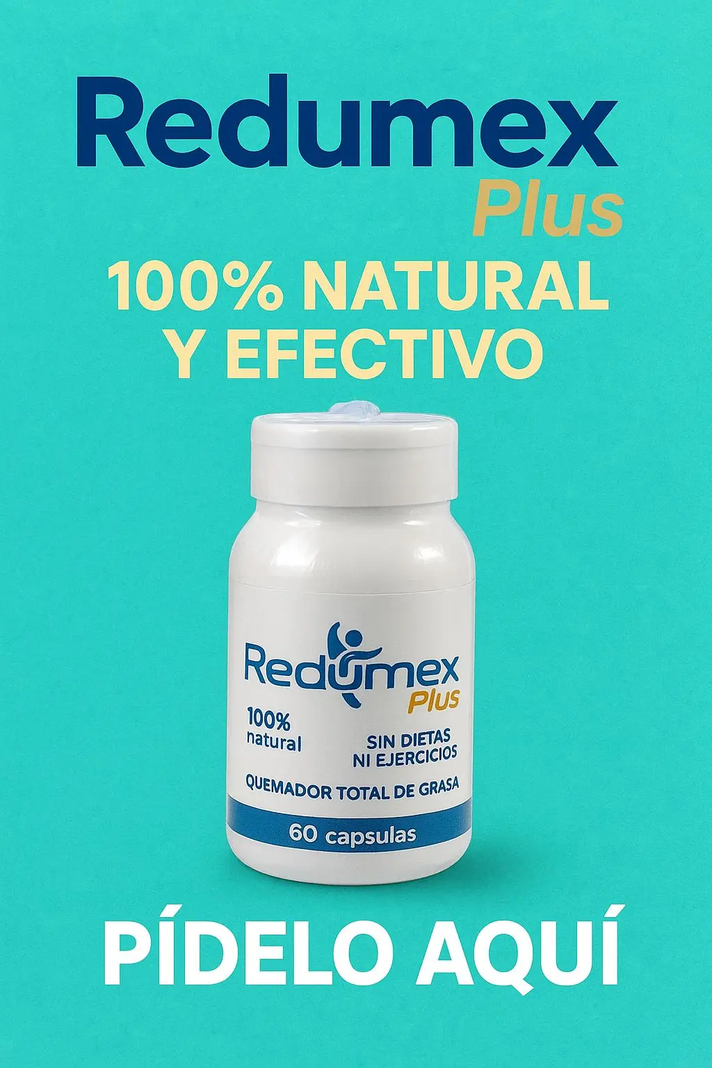 Suplemento Redumex Plus en frasco blanco con 60 cápsulas, 100% natural, quemador de grasa.