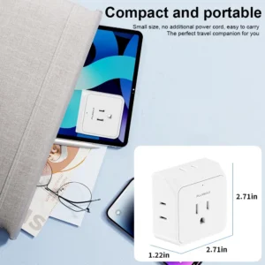 Adaptador de corriente blanco compacto PuiMax de 2.71x2.71x1.22 pulgadas, ideal para viajes, con múltiples tomas.