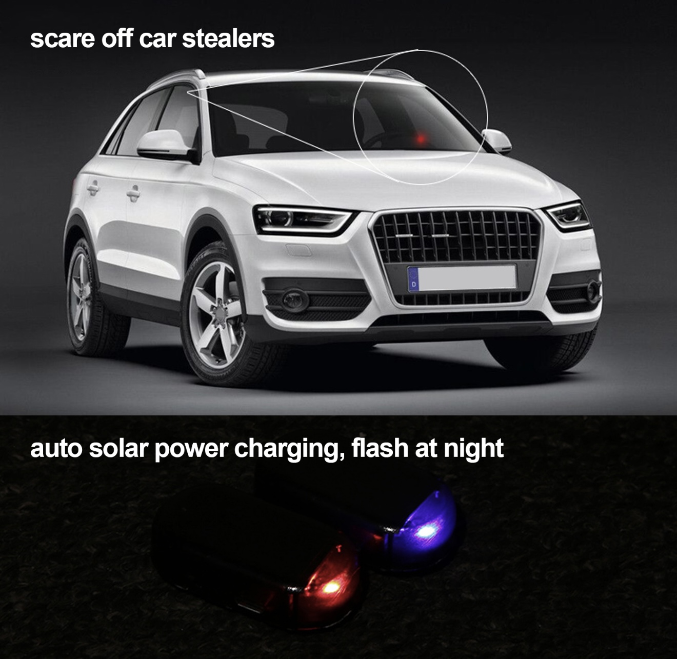 Luz solar antirrobo para coche, destella en rojo y azul, disuade ladrones.