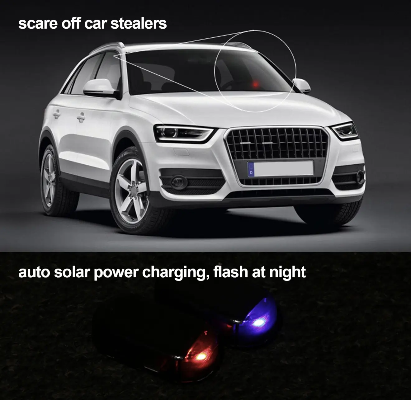 Luz solar antirrobo para coche, destella en rojo y azul, disuade ladrones.