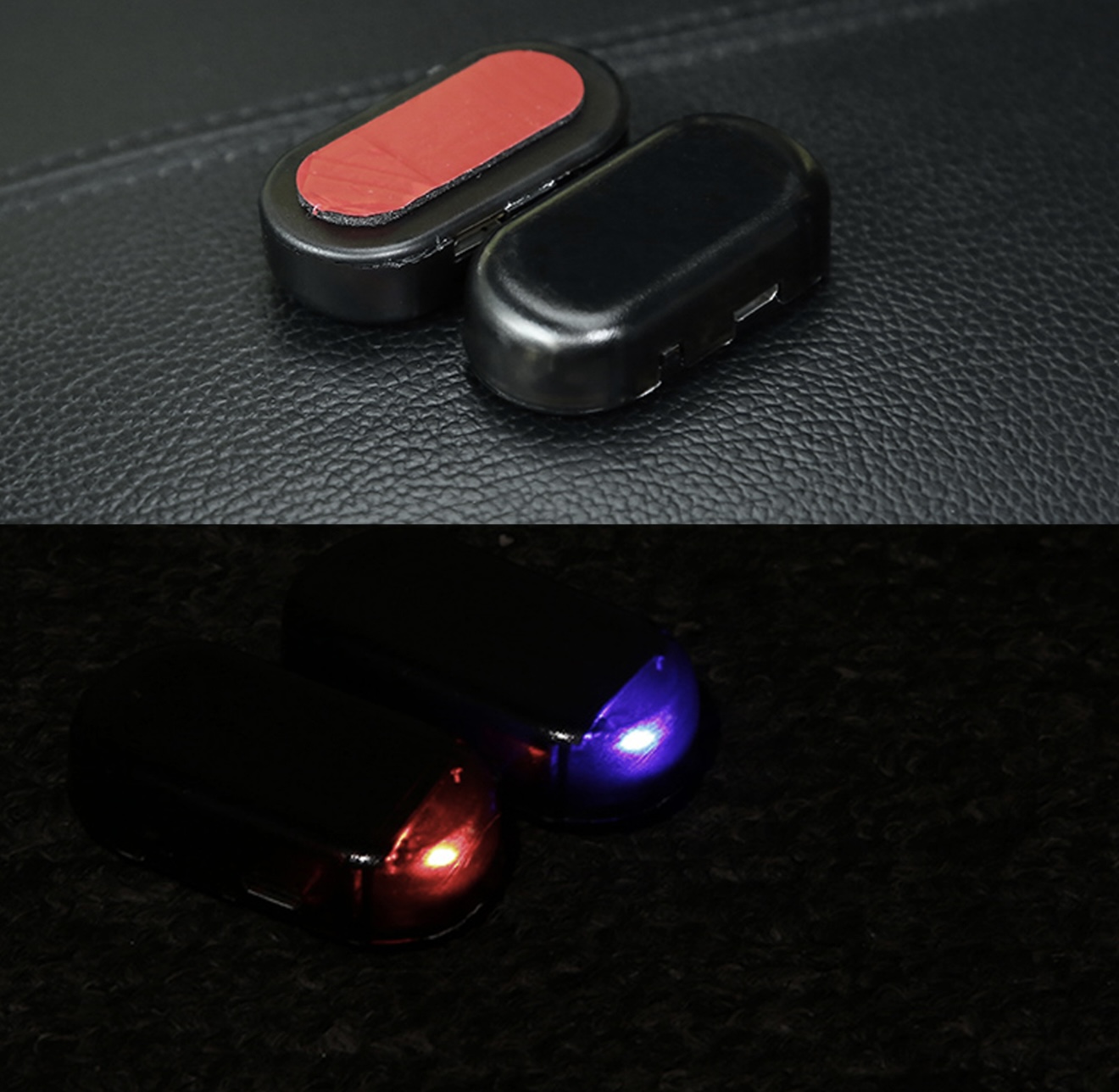 Luces solares antirrobo para coche, una roja y otra azul, con adhesivo rojo.