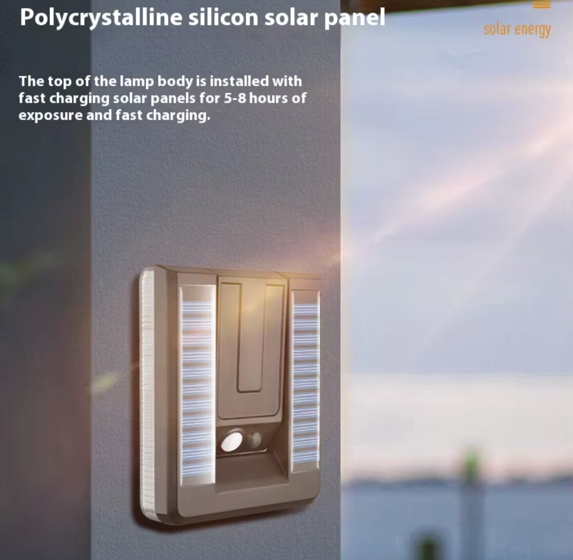 Lámpara solar de pared gris con paneles de carga rápida, ideal para exteriores.