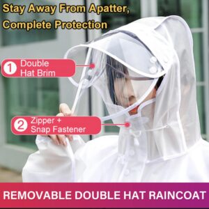 Impermeable blanco con capucha y visera antivaho, doble ala y cierre de cremallera y broches.
