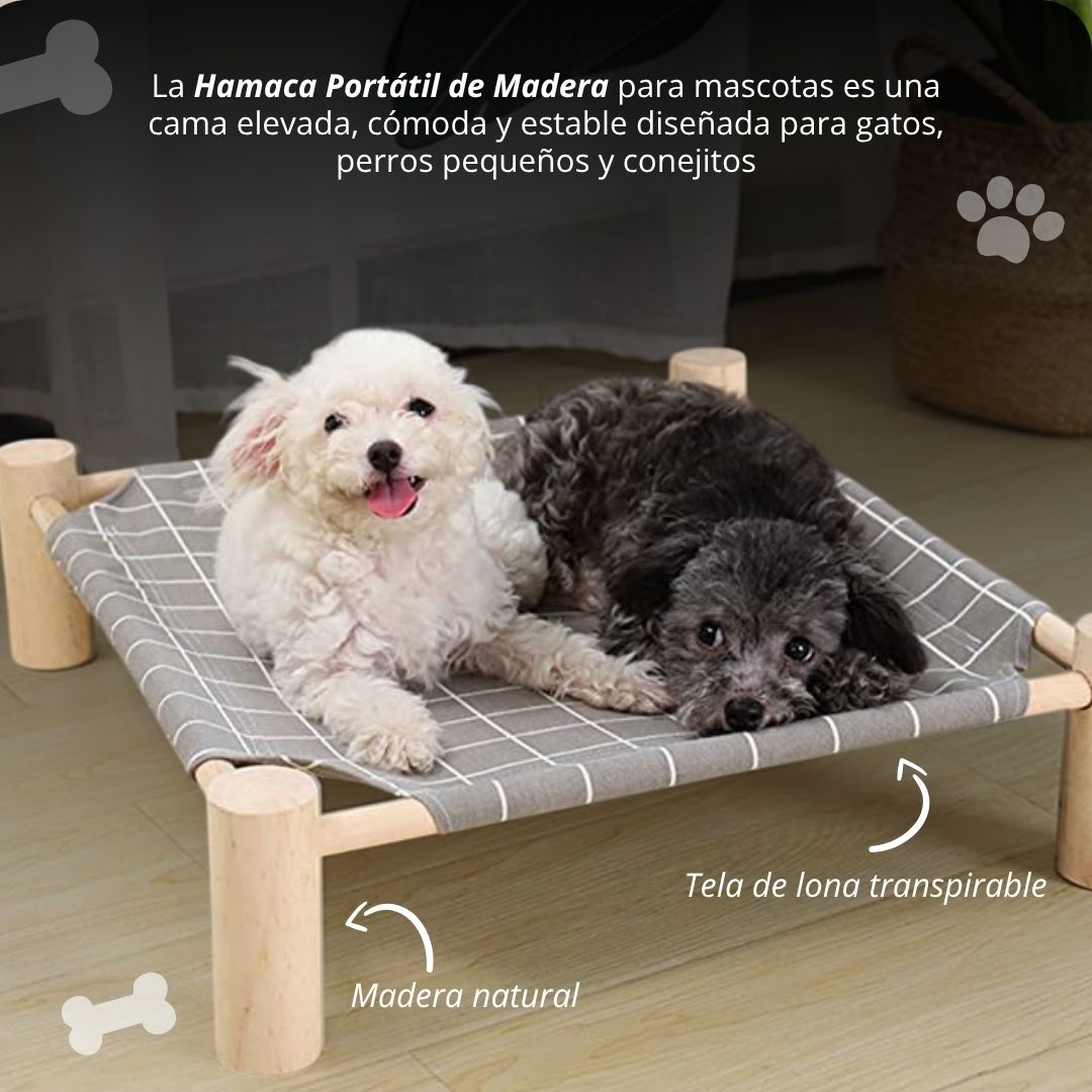 Hamaca elevada para mascotas, perros y conejos, de madera natural y tela transpirable a cuadros grises.