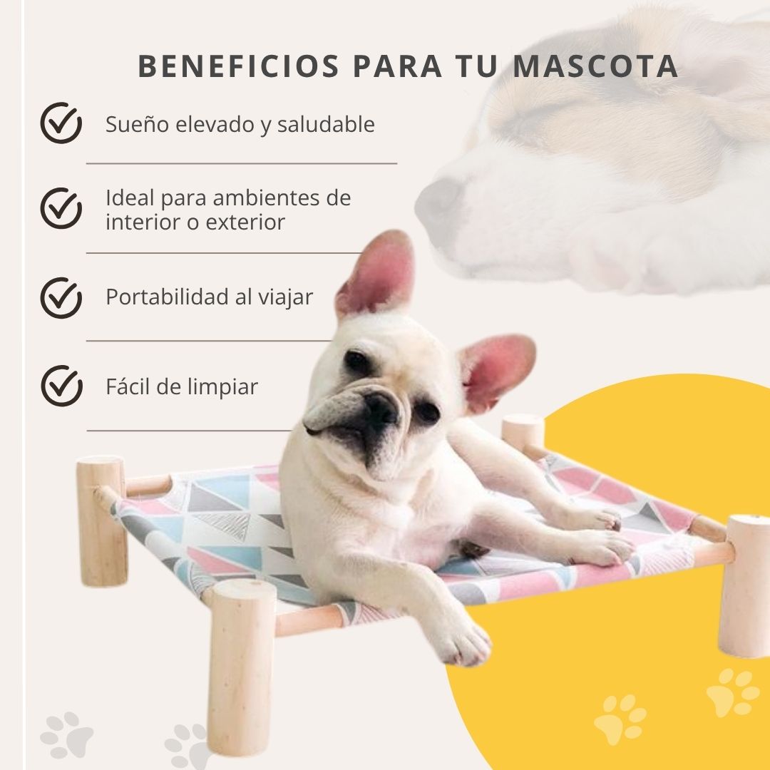 Hamaca portátil de madera para mascotas, con diseño colorido y un bulldog francés descansando. Beneficios: sueño saludable, uso interior/exterior, portátil y fácil de limpiar.