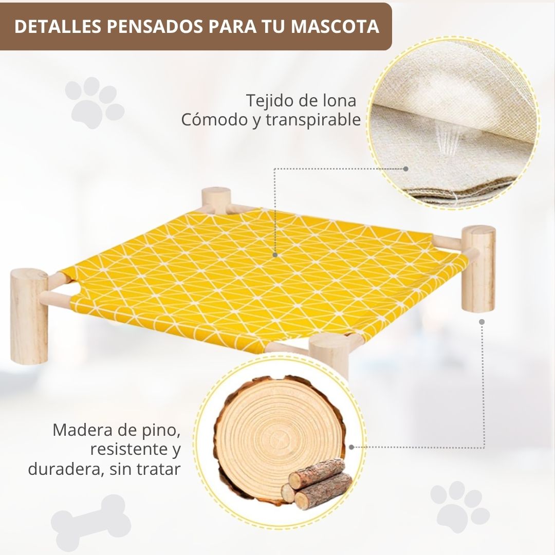 Hamaca para mascotas amarilla con patrón geométrico, estructura de madera de pino, tejido de lona transpirable.