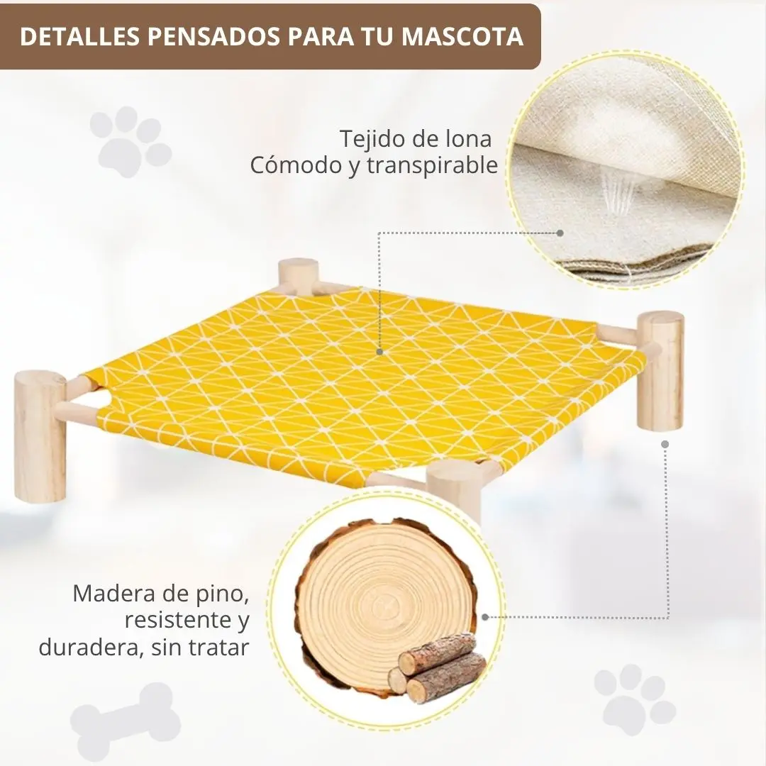 Hamaca para mascotas amarilla con patrón geométrico, estructura de madera de pino, tejido de lona transpirable.