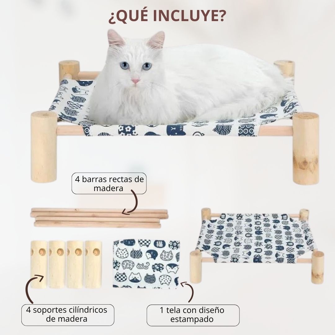 Hamaca portátil para mascotas de madera con diseño estampado de gatos, incluye soportes y barras.
