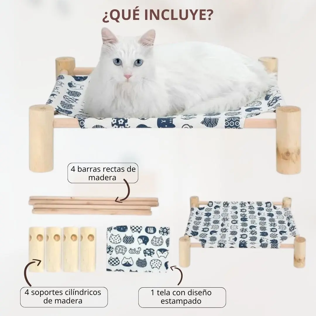 Hamaca portátil para mascotas de madera con diseño estampado de gatos, incluye soportes y barras.