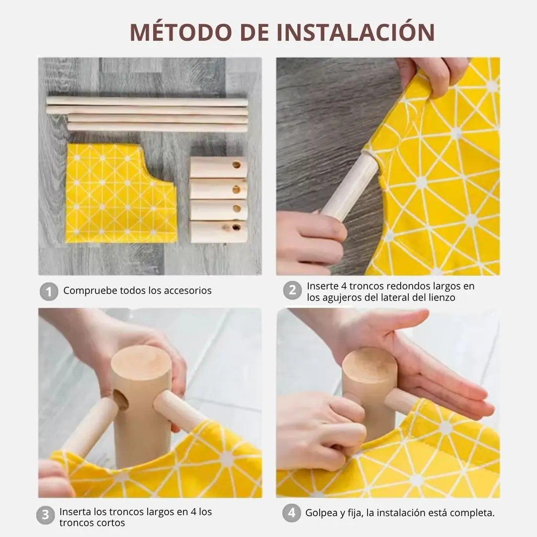 Instrucciones paso a paso para armar hamaca portátil de madera para mascotas, con piezas de madera y tela amarilla.