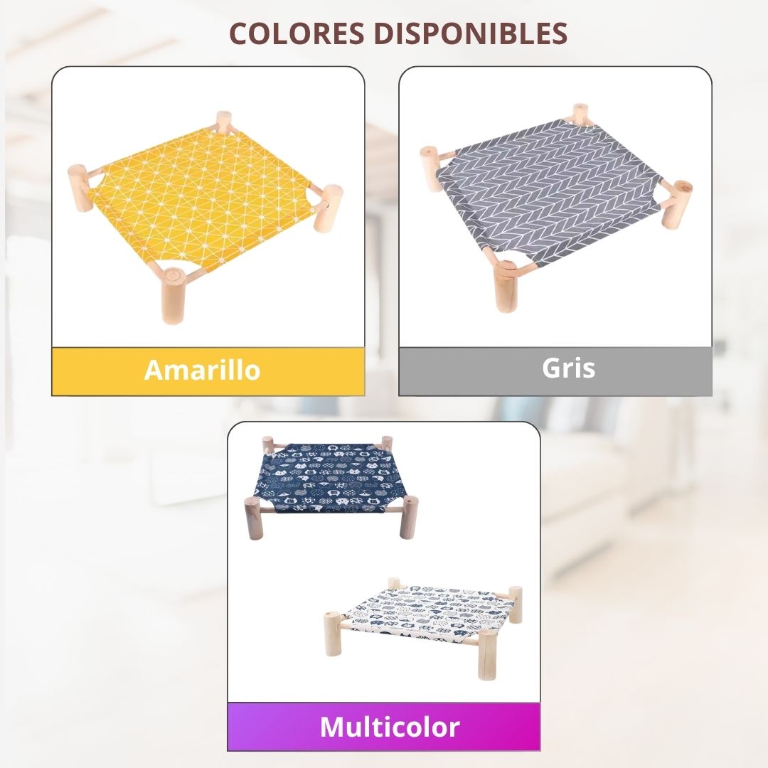 Hamaca portátil de madera para mascotas en colores amarillo, gris y multicolor con estampados de gatos y flores.
