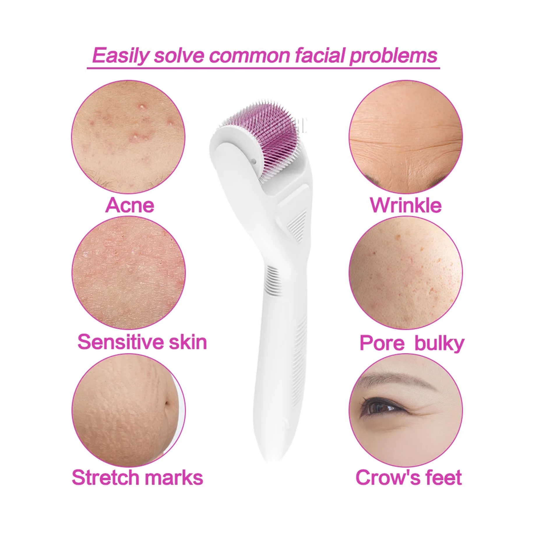 Masajeador facial blanco con rodillo de púrpura para acné, arrugas y estrías.