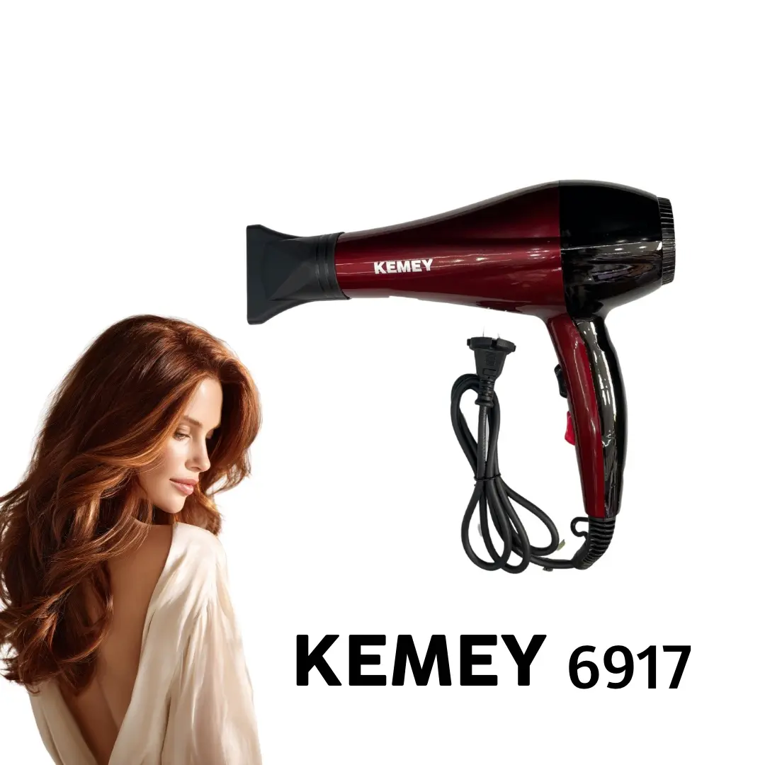 Secador de cabello Kemey 6917, rojo metálico, con cable negro, junto a modelo con cabello largo.