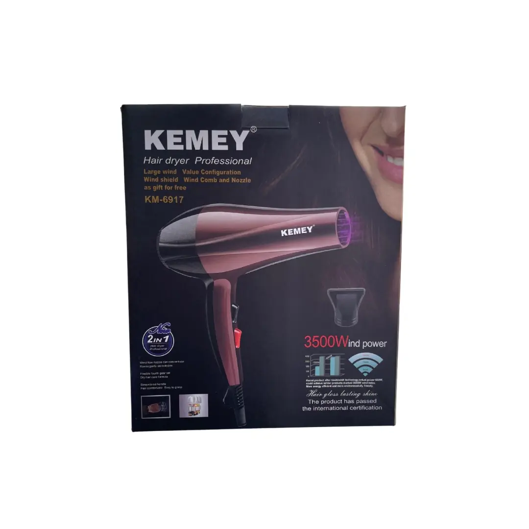 Secador de pelo Kemey profesional, color vino tinto, con boquilla difusora y dos peines.