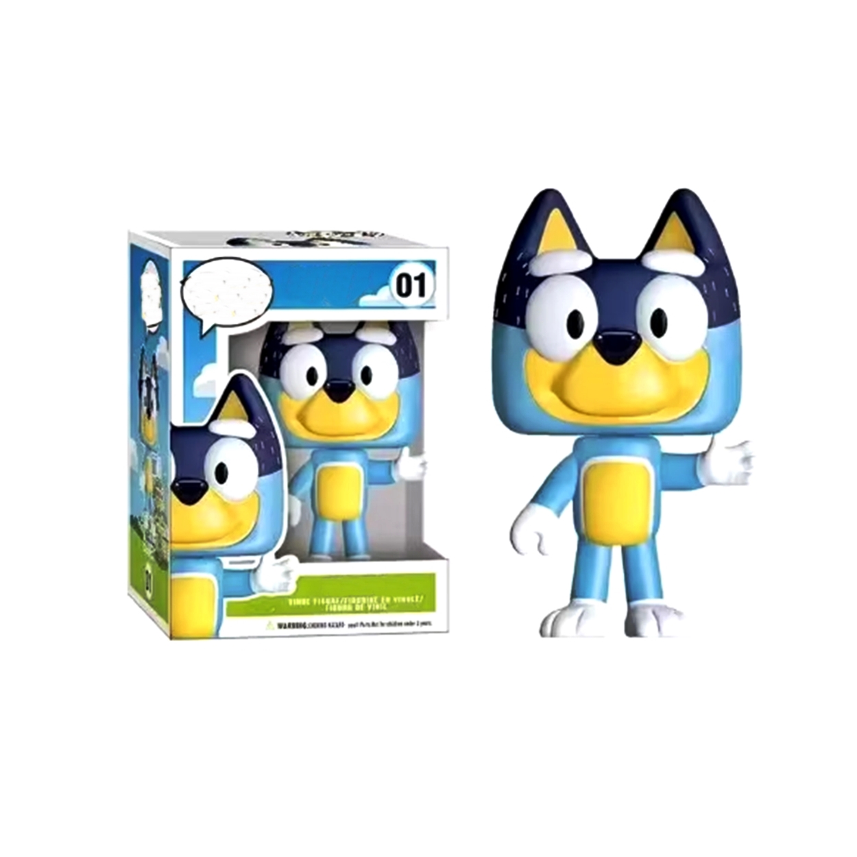 Figura Funko Pop de Bluey azul y amarilla, con caja de exhibición.